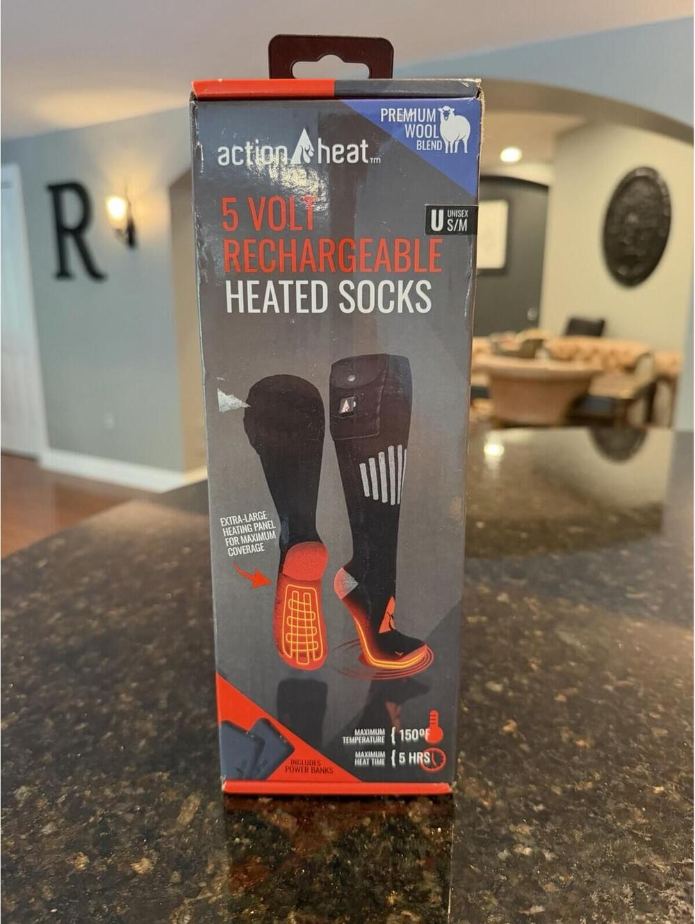 Black Wool 3.7 Volt Rechargeable Heated Socks Unisex Size S/M New Sealed